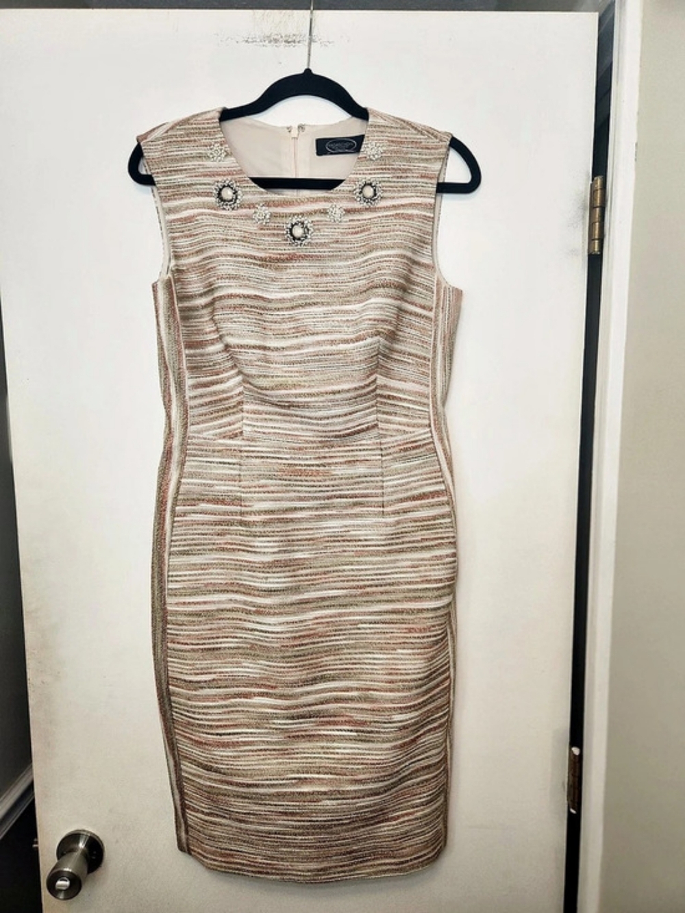 Magaschoni Striped Beaded Tweed Midi Dress in Pink & Cream Size 6 Like New
